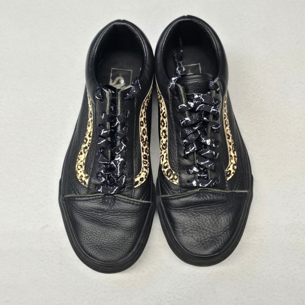 Vans Old Skool Black Tumbled Leather Leopard Print Sneakers Womens 8.5 - Picture 3 of 7